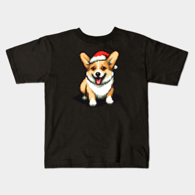 Cute Christmas Corgi in Santa hat Pixel art Kids T-Shirt by beangeerie